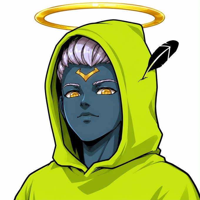An anime-style illustration of a character with dark blue skin, glowing yellow eyes, and a yellow marking on their forehead, wearing a bright yellow-green hoodie and a golden halo above their head, with a black feather visible.