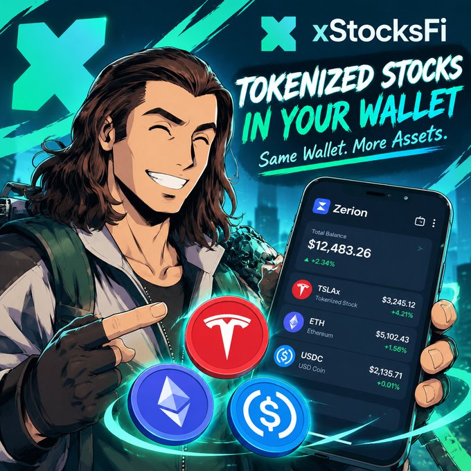 An anime-style promotional graphic for 'xStocksFi' advertising 'TOKENIZED STOCKS IN YOUR WALLET' and 'Same Wallet. More Assets.', depicting a smiling male character pointing at a phone screen showing the 'Zerion' app with balances for TSLAx, ETH, and USDC.