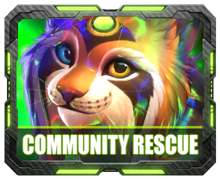 The image features a cartoon cat with blue eyes, orange fur, and a green headband. The text "Community Rescue" is written above the cat's face, indicating that this is part of an online game or platform called Community Rescue. The purpose of this game is to rescue illuminations from Deathmatch, as suggested by the post. The image also includes a green frame with a neon yellow border and a black background, which adds to the overall aesthetic appeal of the post.