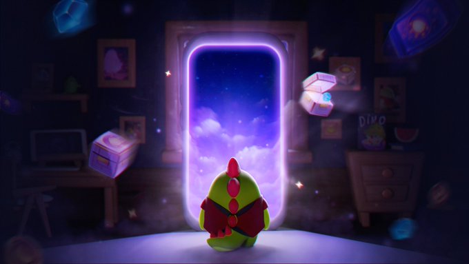 A small green dinosaur-like character with a red comb and cape stands before a glowing purple portal in a dimly lit room, surrounded by floating cubes and framed pictures, with "DINO" visible on a box. The image illustrates the post's theme of @Sleepagotchi, a Web3 app that gamifies healthy sleep habits by rewarding rest rather than screen time, contrasting the magical, restful portal scene with the burnout culture of constant online engagement.