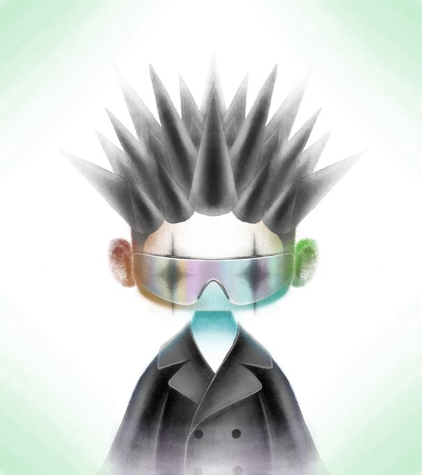 A stylized illustration depicts a character with spiky black hair wearing iridescent holographic sunglasses and a black suit with a tie, set against a soft green background.