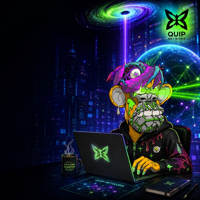 Digital artwork of a cyberpunk monkey character wearing a pink bandana and hoodie, working on a laptop displaying the 'QUIP NETWORK' butterfly logo, with a mug labeled '#BUILD BETTER QUANTUM READY' and a futuristic cityscape background.