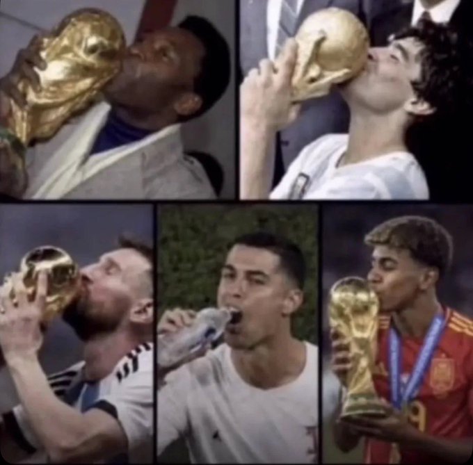 A five-panel collage shows soccer legends kissing the FIFA World Cup trophy (Pelé, Diego Maradona, Lionel Messi, Cristiano Ronaldo drinking water, and Lamine Yamal), humorously implying that despite Ronaldo's numerous achievements, he never won a World Cup—captioned with the playful "Gm CT" (Good morning Crypto Twitter) poke at his GOAT status.