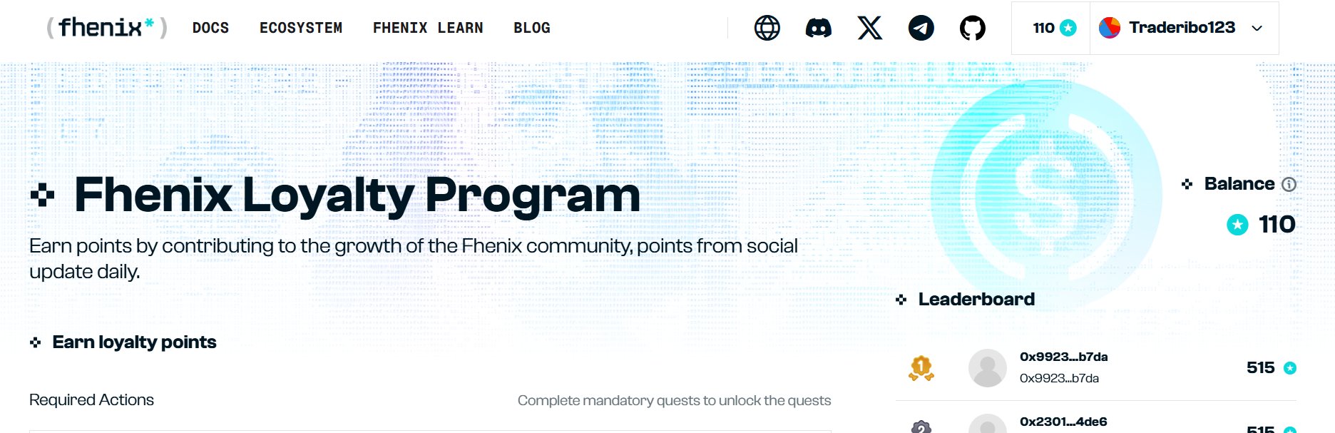 Screenshot of the Fhenix Loyalty Program page, displaying a user balance of 110 points and a leaderboard with top users like "0x9923...b7da" and "0x2301...4de6" tied at 515 points each.