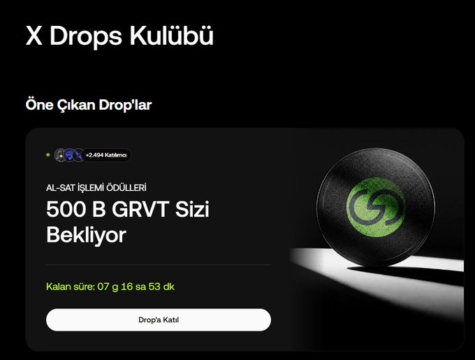 A Turkish-language X (Twitter) Drops Club interface showing a featured drop for 'GRVT' with a buy-sell trading contest prize pool of 500,000 B, displaying 2,494 participants and a countdown timer of 7 days, 16 hours, and 53 minutes remaining.