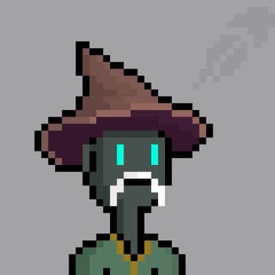 Pixel art of a dark skeletal character wearing a brown witch hat with cyan glowing eyes and a gold tooth, dressed in green clothing.