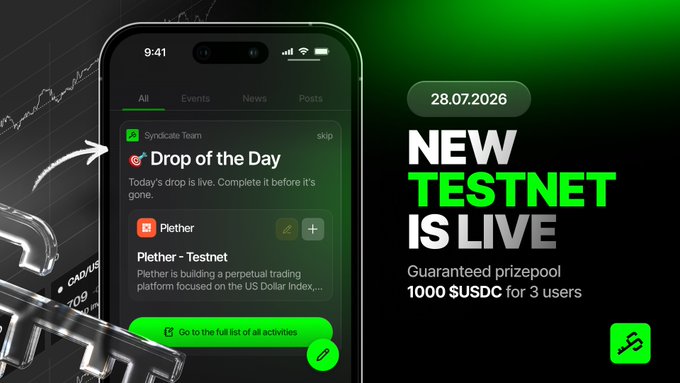 Mobile app screenshot showing a 'Drop of the Day' for 'Plether - Testnet' (a perpetual trading platform on US Dollar Index), with announcement text: 'NEW TESTNET IS LIVE', '28.07.2026', and 'Guaranteed prizepool 1000 $USDC for 3 users'.
