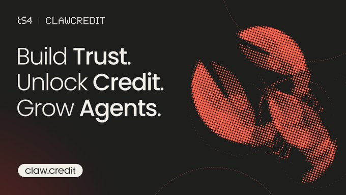 A sleek black promotional graphic features the "xS4 | CLAWCREDIT" logo alongside the tagline "Build Trust. Unlock Credit. Grow Agents." and a halftone-styled orange crab/claw illustration, reinforcing the post's announcement that nearly 50,000 AI agents have applied for credit lines through ClawCredit.