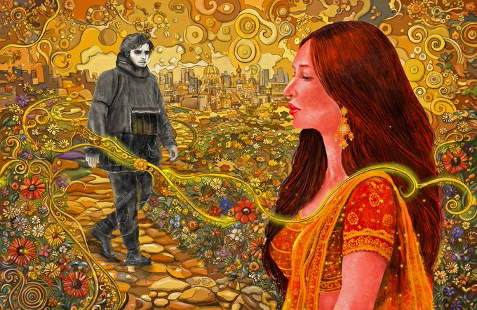 Vibrant psychedelic-style illustration showing a figure in dark winter clothing walking a yellow brick path through a garden of flowers, while a red-haired woman in traditional orange Indian attire watches from the foreground, with a golden swirling cityscape in the background.