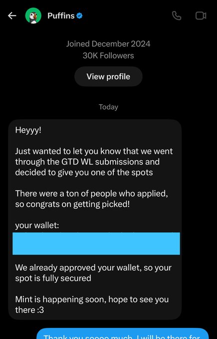 A DM from Puffins NFT on Twitter confirming the recipient's Guaranteed (GTD) whitelist spot for the upcoming mint, with their wallet address approved for securing the slot.