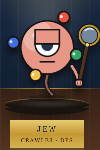 A cartoon character labeled 'JEW' with the subtitle 'CRAWLER · DPS' holding a magnifying glass, standing on a dark circular platform against a striped background.