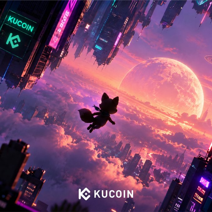 A silhouetted fox-like character soars through a surreal cityscape above the clouds, with a massive pink planet dominating the sky, while the "KUCOIN" logo and branding appear in the top-left and bottom-center of the image—perfectly capturing the cosmic, alternate-reality adventure hinted at in the #KuKuUniverse campaign.