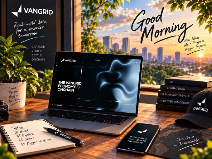 A promotional image for 'VANGRID' with the tagline 'Real-world data for a smarter tomorrow' and 'The VanGrid Economy is Onchain,' featuring a laptop, notebook with checklist, phone, and cap arranged on a desk against a city skyline at sunrise.