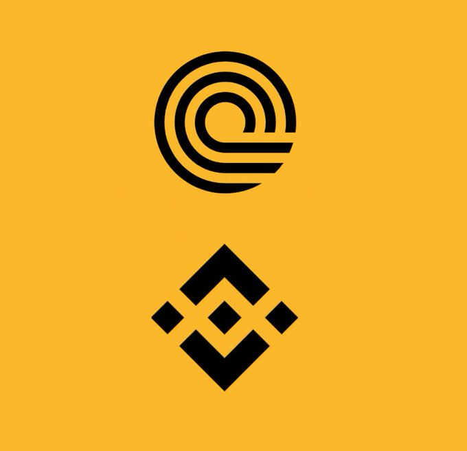 A yellow background featuring the black Ondo Finance logo (concentric circles) above the black BNB (Binance) logo.