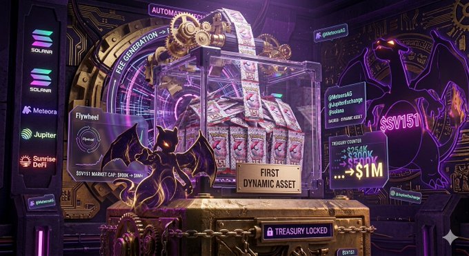 The image features a large gold box with a dragon inside, surrounded by stacks of money. The text on the image reads "Let me tell you something that nobody is connecting the dots on $SV151: This is the beginning of real RWA on Solana. The FIRST Dynamic Asset ever launched. @solana @MeteoraAG @JupiterExchange didn't build this infrastructure".