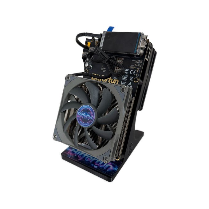 A Bitfortun-branded Bitcoin mining setup featuring a cooling fan and circuit board displayed on a stand.