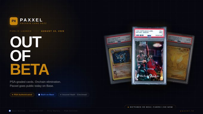 A promotional graphic for 'PAXXEL' onchain card jazz, announcing 'OUT OF BETA' public launch on August 10, 2026, displaying graded Pokémon cards with a Michael Jordan card prominently featured.