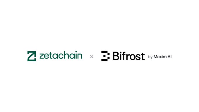 The image features a partnership announcement graphic displaying the ZetaChain logo in green alongside the Bifrost by Maxim AI logo in black, separated by a small "x" symbol indicating collaboration between the two companies, visually reinforcing the post's announcement of Bifrost (Maxim AI's open-source gateway) powering private AI memory and inference infrastructure.