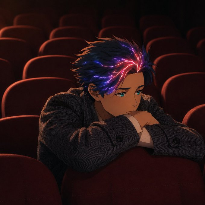 An anime-style illustration of a young man with dark spiky hair and glowing pink and blue streaks, resting his chin on his hands while sitting alone in a darkened movie theater with red seats.