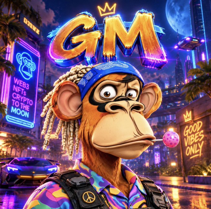 A digital NFT-style artwork of a Bored Ape character wearing a blue bandana and colorful camouflage shirt, blowing a pink bubblegum bubble, with text 'GOLD MONK', 'WEB3 NFTs CRYPTO TO THE MOON', and 'GOOD VIBES ONLY.'