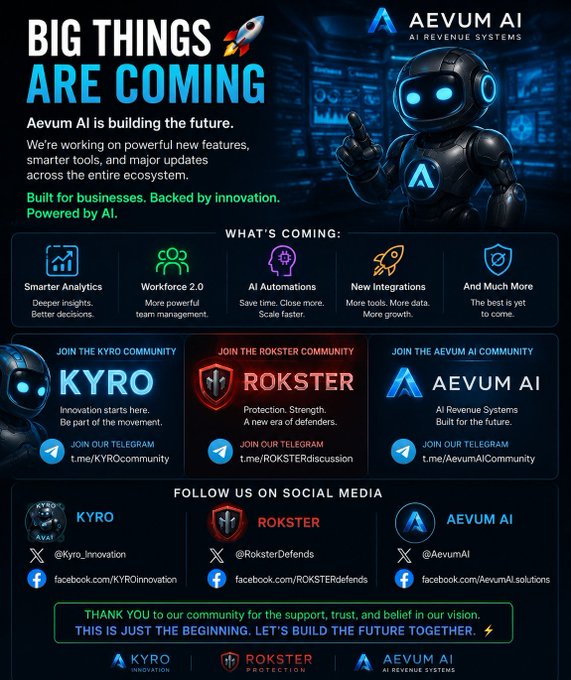 The image is a promotional graphic for Aevum AI titled "BIG THINGS ARE COMING," highlighting upcoming features like Smarter Analytics, Workforce 2.0, AI Automations, and New Integrations. It promotes three related communities—KYRO (t.me/KYROcommunity), ROKSTER (t.me/ROKSTERdiscussion), and Aevum AI (t.me/AevumAICommunity)—each with their respective Telegram links and social media handles (@Kyro_Innovation, @RoksterDefends, @AevumAI).