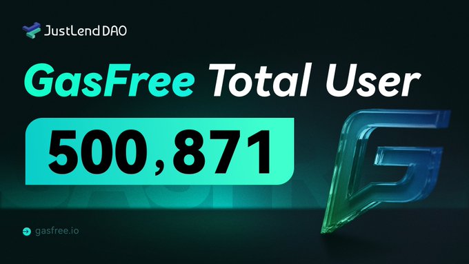 A JustLendDAO graphic reads “GasFree Total User” with the large number “500,871,” the label “gasfree.io,” and a translucent green-and-blue stylized logo.