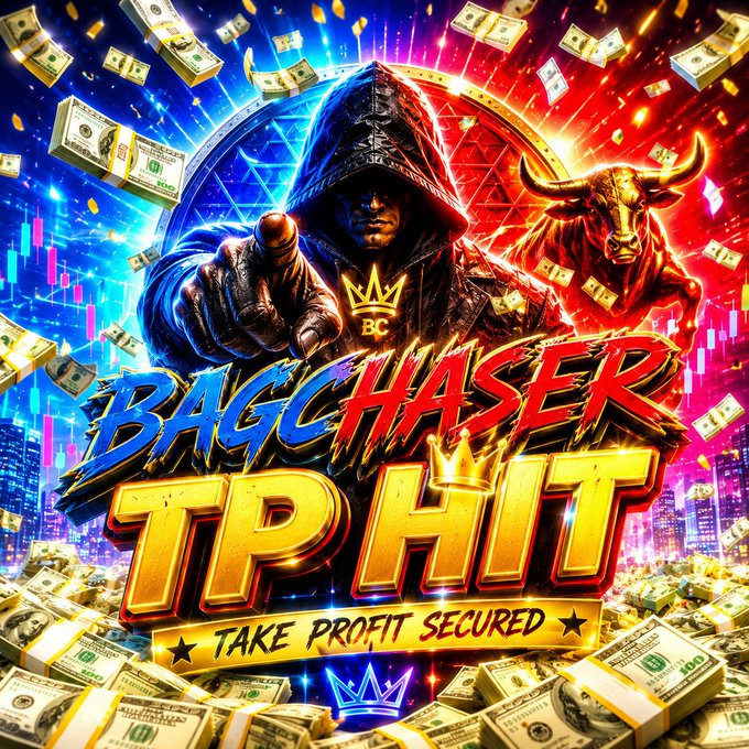 Colorful gaming/promotional graphic featuring a hooded figure pointing forward, a bull on the right, stacks of money, and bold text reading 'BAG CHASER TP HIT TAKE PROFIT SECURED'.