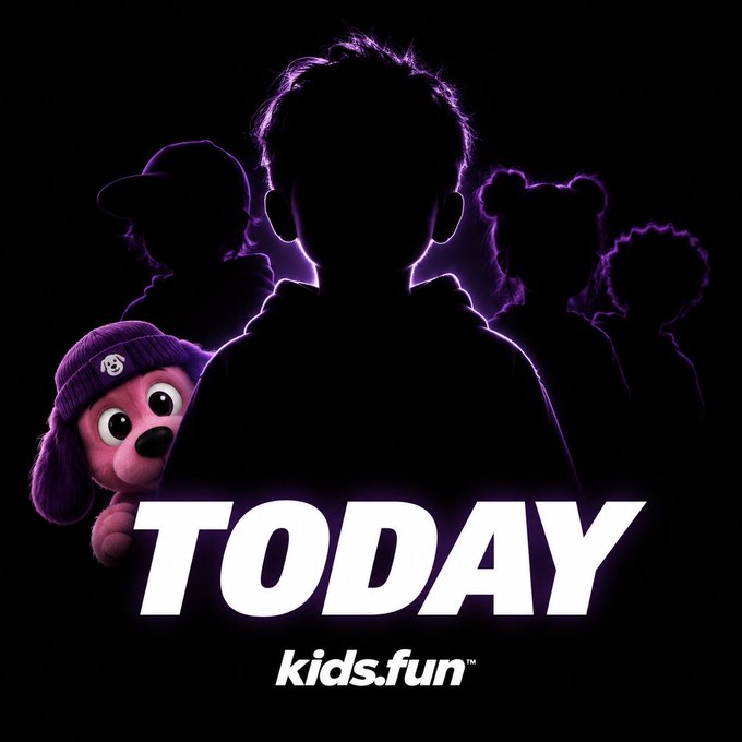 The image shows silhouettes of several characters against a black background, with a purple-lit puppy character peeking from the left side, alongside the bold text "TODAY" and "kids.fun™" at the base. The graphic promotes the @kidsdotfun project, teasing an announcement ("no CA is not coming") while rallying community support with the characters' shadowed lineup building anticipation for what's being revealed today.