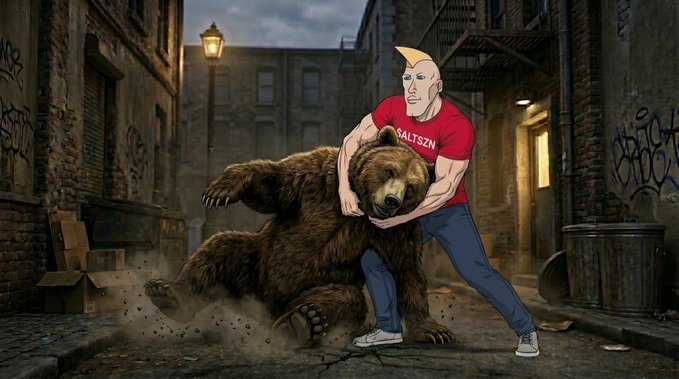 An illustration shows a muscular figure with a yellow mohawk, wearing a red 'SALTSZN' shirt, wrestling a large brown bear in a graffiti-covered urban alley.