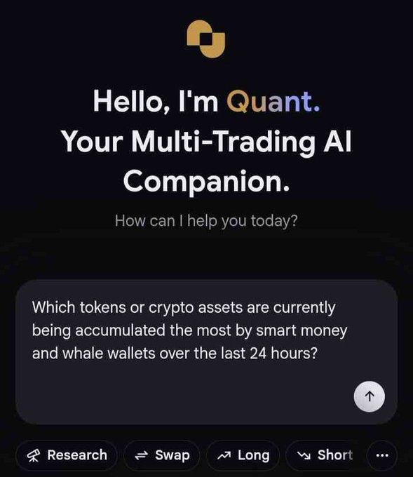A welcome screen for 'Quant,' a Multi-Trading AI Companion, displaying the prompt: 'Which tokens or crypto assets are currently being accumulated the most by smart money and whale wallets over the last 24 hours?' with options for Research, Swap, Long, and Short.
