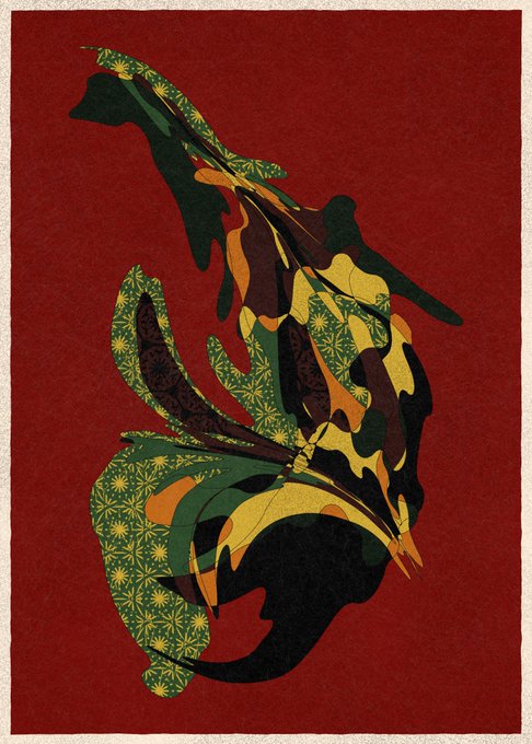 An artistic illustration of a lizard or gecko silhouette filled with colorful camouflage and floral patterns against a red background.