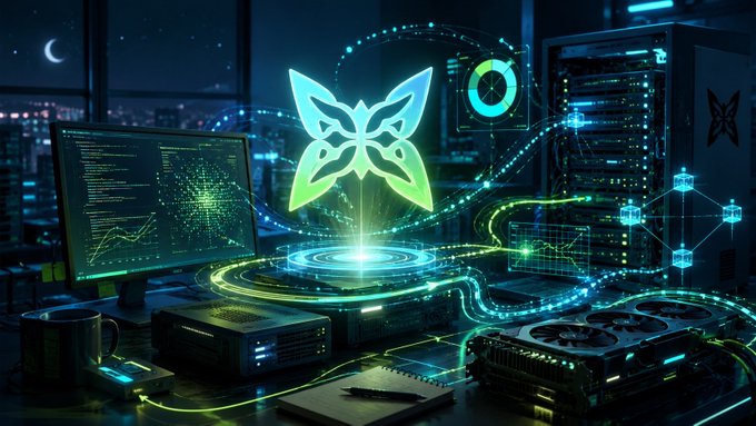 A digital artwork shows a glowing green butterfly logo above a server workstation with monitors, cables, and city lights in the background.