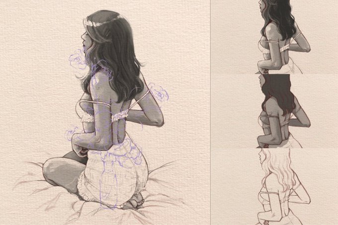 A grayscale profile illustration shows a dark-haired woman in a flowing dress seated on the ground, with three smaller step-by-step rendering stages on the right revealing her progression from sketch to dark finish. The artwork's soft, dreamlike quality pairs with the post's title "Reverie," reinforcing the contemplative, fantasy-inspired mood of this 1/1 NFT auction listed on objkt.com.