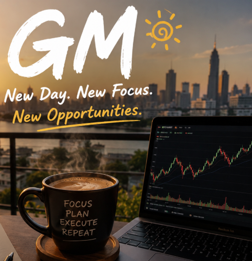 A motivational 'GM' graphic features text reading 'New Day. New Focus. New Opportunities' over a cityscape background, accompanied by a coffee mug labeled 'Focus Plan Execute Repeat' and a laptop showing a stock chart.