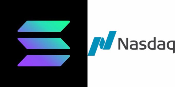 Side-by-side image showing the Solana logo on the left and the Nasdaq logo on the right.