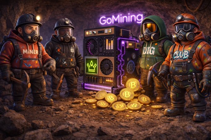 The image features four cartoon miners standing around a large machine filled with gold coins. The miners are wearing gas masks as part of their mining gear. They appear to be enjoying their time together while surrounded by the valuable treasure they have found.