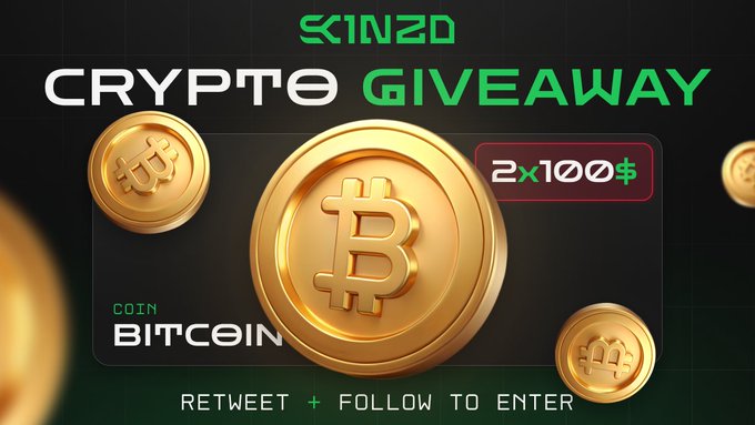 A promotional graphic for a Bitcoin giveaway featuring golden BTC coins and the text "SKINZO CRYPTO GIVEAWAY" and "2x100$," advertising the $200 Bitcoin prize drawing with instructions to retweet and follow to enter.
