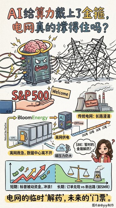 A Chinese-language infographic titled 'AI给算力戴上了金箍，电网真的撑得住吗？' discussing AI's power demands and grid strain, featuring S&P 500, BloomEnergy, SOFC Technology, offline gas pipelines, CO₂ emissions, and SMR (和ISMR) nuclear power, created by @gigi.