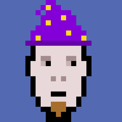 A simple pixel art portrait of a pale face with a neutral expression, wearing a purple hat adorned with yellow dots against a blue background.