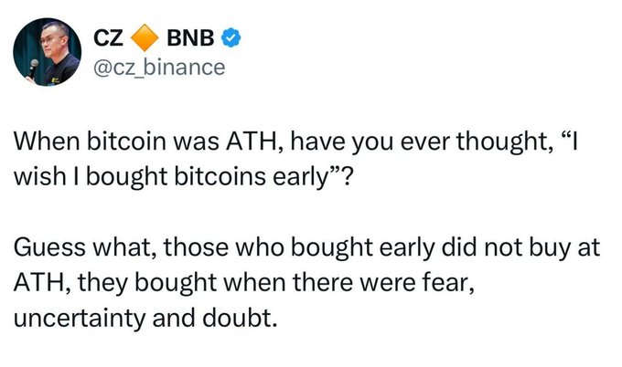 A tweet from CZ (Changpeng Zhao) @cz_binance explaining that early Bitcoin buyers didn't buy at the all-time high but rather during periods of "fear, uncertainty and doubt." The accompanying post uses this wisdom to encourage buying $LUNC during fear, framing it as a similar opportunity to early Bitcoin adoption.