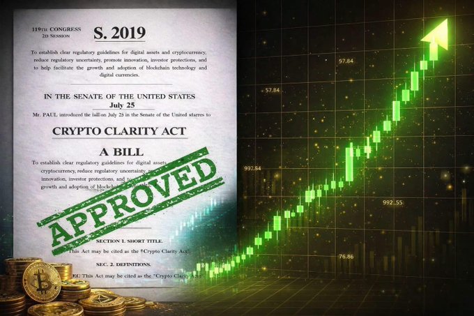 The image shows a copy of the "Crypto Clarity Act" (S.2019) introduced by Mr. Paul on July 25, stamped with a green "APPROVED" seal, alongside a green candlestick chart trending upward with values like 57.84 and 997.54, and a pile of physical Bitcoin coins at the bottom. The visuals symbolize the regulatory approval of the crypto clarity bill, supporting the post's claim that the act's passage will fuel a bullish rally for XRP and the broader crypto market.