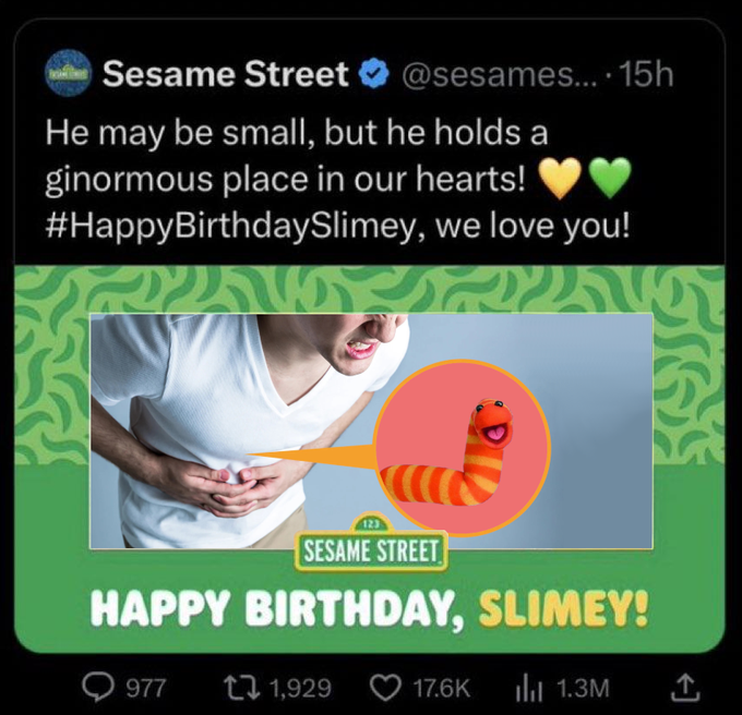 The image is a screenshot of a Sesame Street tweet celebrating Slimey's birthday, reading "He may be small, but he holds a ginormous place in our hearts! #HappyBirthdaySlimey, we love you!" with engagement metrics showing 977 replies, 1,929 retweets, 17.6K likes, and 1.3M views.

This image serves as a humorous visual metaphor for the post about tokenized equities crossing milestones—it playfully riffs on the Sesame Street theme to suggest that tokenized stocks and ETFs are becoming a beloved, everyday ("small but mighty") menu of assets for retail investors, much like a beloved children's character.