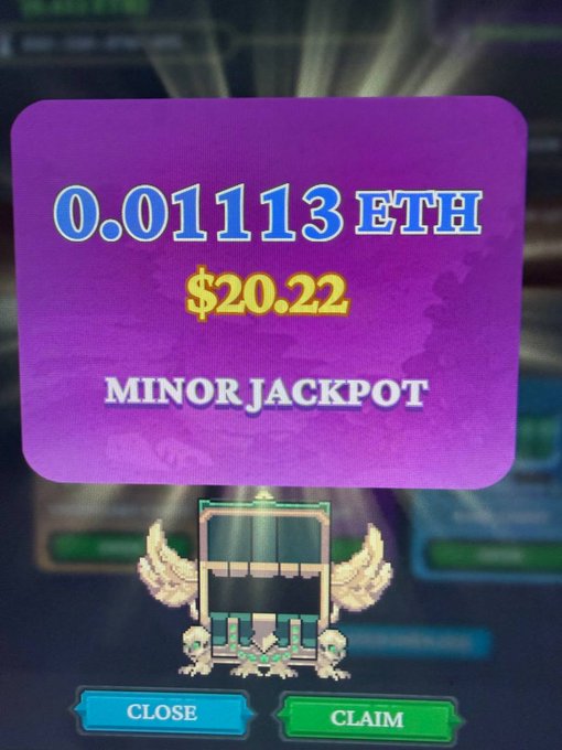 A screen showing a digital prize of '0.01113 ETH' valued at '$20.22' with a 'MINOR JACKPOT' message and buttons for 'CLOSE' and 'CLAIM'.