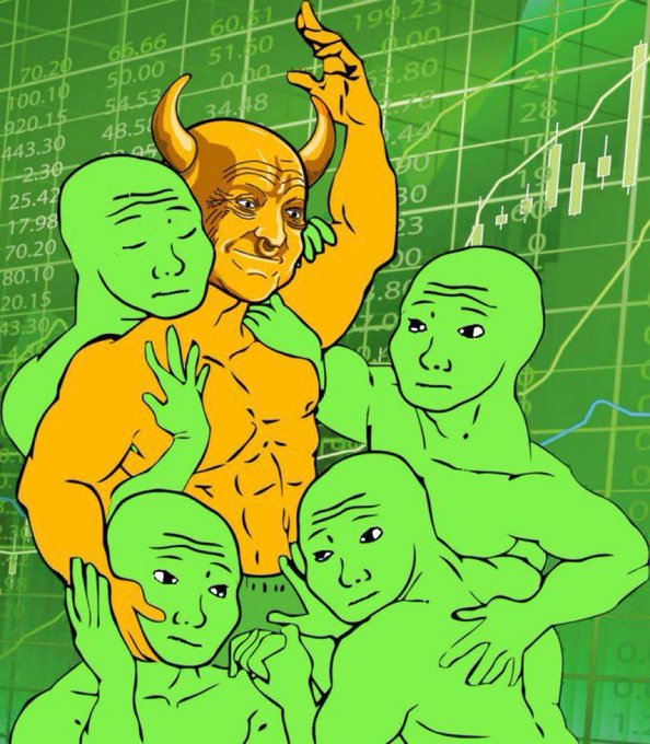 An illustration featuring a muscular orange bull with horns surrounded by green humanoid figures, set against a background of a green stock market chart with numerical values and an upward-trending line.