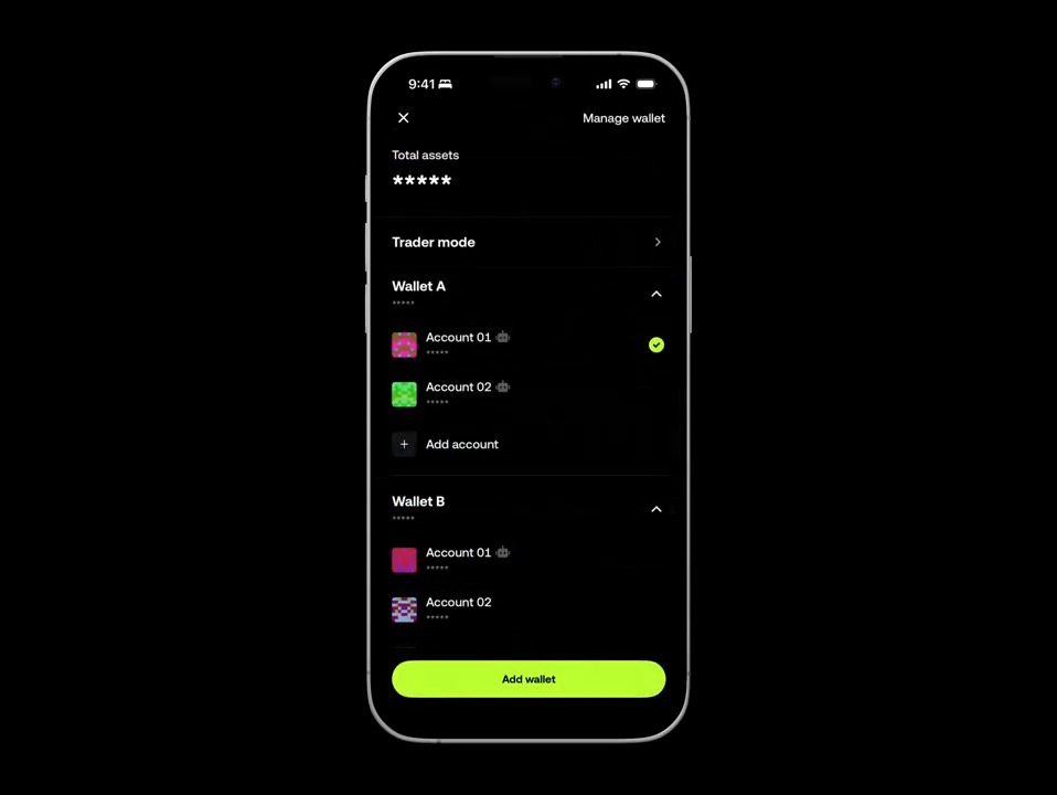 A smartphone displays a dark-themed crypto wallet management interface from OKX, showing "Total assets" masked with asterisks, a "Trader mode" option, and two wallet sections—"Wallet A" containing Account 01 (marked active with a green checkmark) and Account 02, plus "Wallet B" with its own Account 01 and Account 02, with a prominent neon green "Add wallet" button at the bottom. The image visually reinforces the post's message about OKX's easy onboarding to a user-owned Web3 wallet, demonstrating how multiple wallets and accounts can be organized under one self-custody setup.
