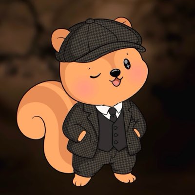 Cute cartoon illustration of an orange squirrel dressed in a dapper gray plaid three-piece suit with matching newsboy cap, winking playfully.