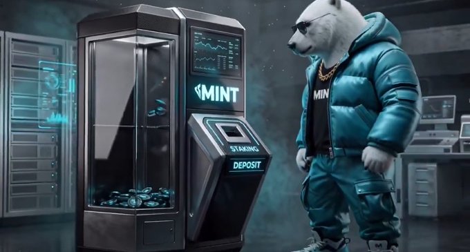 A 3D rendered illustration of a white bear wearing sunglasses, a gold chain, and a teal puffer jacket standing next to a 'MINT' cryptocurrency staking and deposit machine.