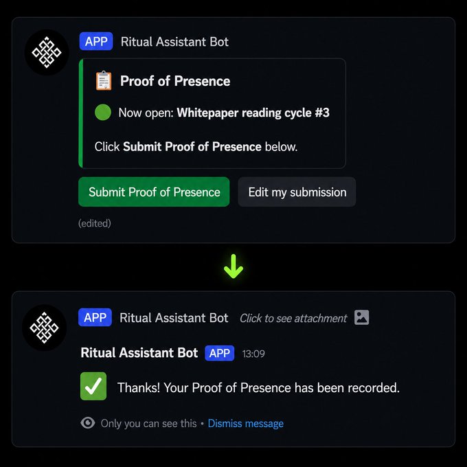 A Discord interaction with 'Ritual Assistant Bot' showing a 'Proof of Presence' submission for 'Whitepaper reading cycle #3' being recorded successfully.