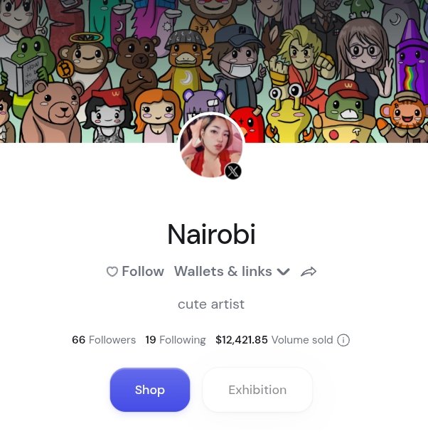 An NFT marketplace profile page for an artist named 'Nairobi', described as a 'cute artist', featuring a banner of cartoon characters, with 66 Followers, 19 Following, and $12,421.85 Volume sold.