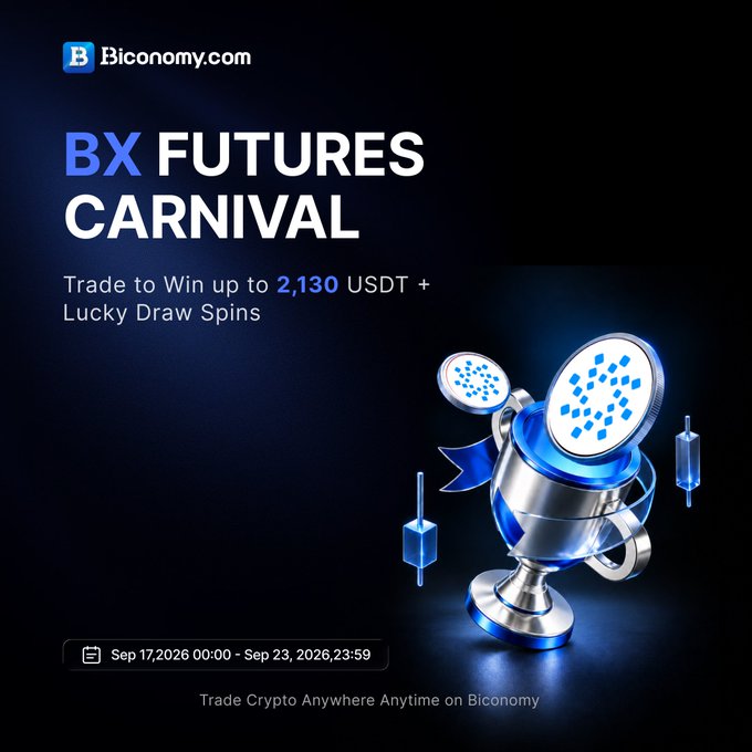 A Biconomy.com advertisement for 'BX FUTURES CARNIVAL,' offering up to 2,130 USDT plus Lucky Draw Spins from Sep 17-23, 2026.